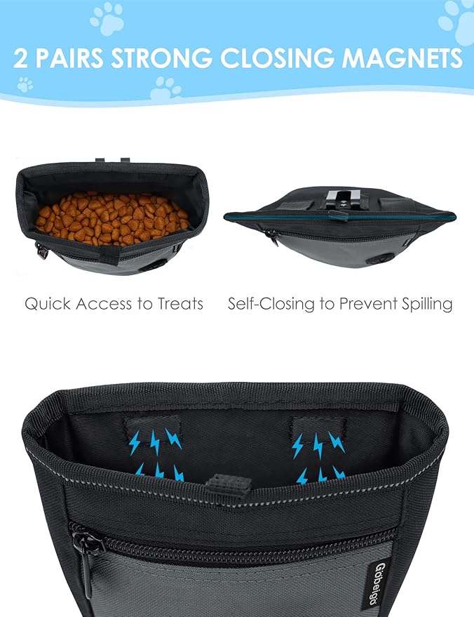 Gobeigo Dog Treat Pouch and Training Clicker, Upgrade Two Magnetic Closure to Prevent Spills, 2 Cup Treat Bag with Poop Bag Dispenser, Metal Clip Waist Belt Fanny Pack for Pet Walk (Black/Gray)