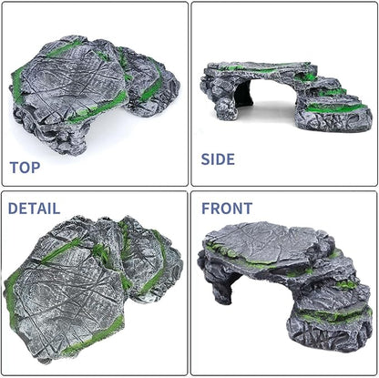 MoonOrange Turtle Basking Platform Kit, Reptile Habitat Hideout, Decorative Resin for Aquarium & Terrarium, Including Artificial Plant and Cleaning Brush. (A-Large-Black)