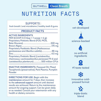 Native Pet GutWell Clean Breath - Dog Breath Freshener & Dog Dental Powder - Teeth Cleaning to Reduce Plaque & Tartar - Promotes Fresh Breath with Targeted Triple-biotic Dental Care Blend - 60 Scoops