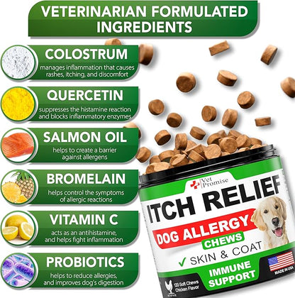 Dog Allergy Relief Chews - Dog Itch Relief Treatment - Anti Itch - Itchy Skin - Dry Skin & Hot Spots - Immune Health Supplement with Probiotics, Omega 3 Fish Oil, Colostrum - Made in USA - 120 Treats