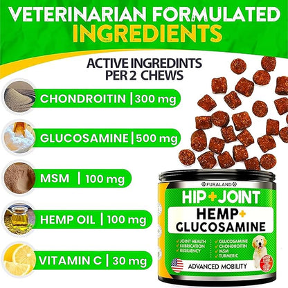 Hemp Hip and Joint Supplement for Dogs - Glucosamine for Dogs - 170 Dog Joint Pain Relief Treats - Chondroitin, Hemp Oil, MSM - Mobility & Flexibility Support - Advanced Care Health - Made in USA