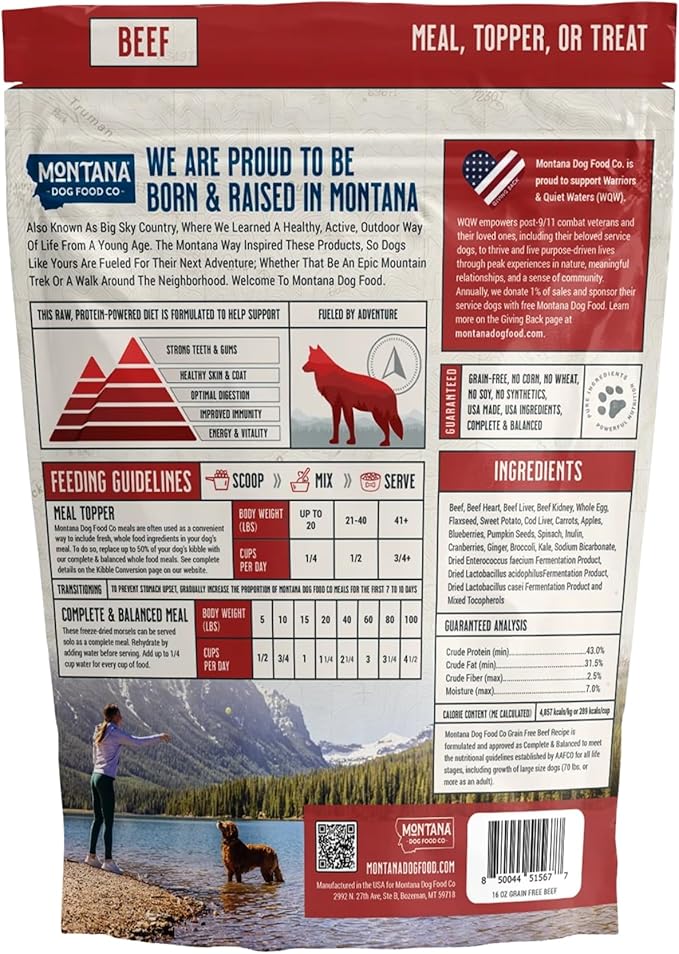 MONTANA DOG FOOD CO. Freeze-Dried Raw Beef Recipe Dog Food – Grain-Free, High-Protein Meal or Topper, Made in USA with USA Ingredients -16 oz Bag