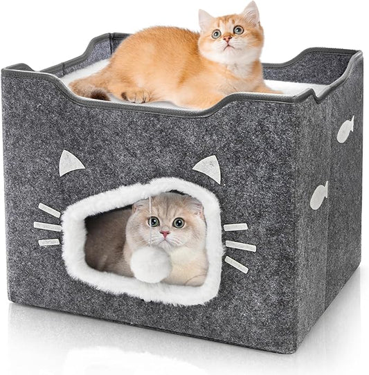 Cat House for Indoor Cats, Large Covered Cat Bed with Cushion Pad Fluffy Ball Hanging, Foldable Cute Cat Cave Bed Cat Condo Hideaway for Pet Cats, Multi Small Pet, Grey