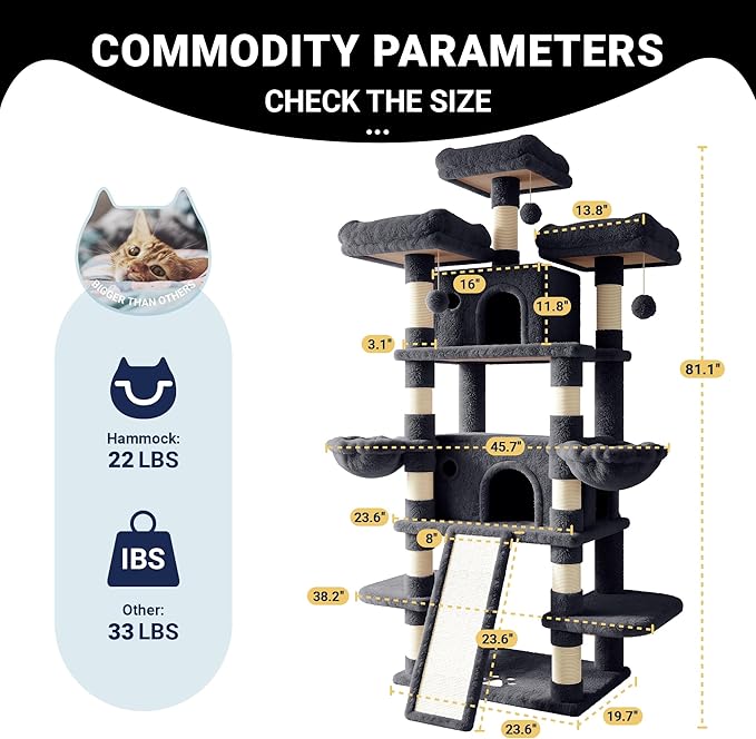 Allewie 82 Inches Large Cat Tree/House/XXL Tall Cat Towers for Big Feline/Scratching Post/Multi-Level Large Kitty Climbing Tree with Condo/Smokey Grey