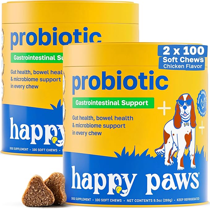 Happy Paws Probiotic Supplement for Dogs, Gut, Skin, Coat & Immune Support for All Breeds & Ages, Made with Coconut Oil & Vitamin E, Vegan Chicken Flavor, Organic, Non GMO, 100 Soft Chews