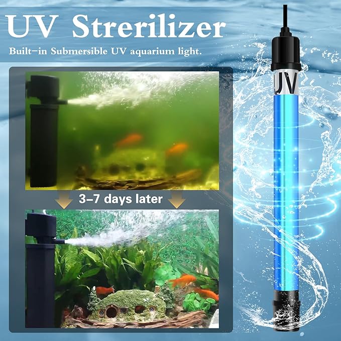 Aquarium Filter U-V for 55-200 Gallon Tank, 500GPH Fish Tank Filter for Cold Plunge Fish Tank Green Clean Machine,Submersible Powerful Pump Filter for Turtle Tank Saltwater Freshwater Crystal Clear