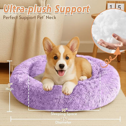 JOLLYVOGUE Small Dog & Cat Beds for Indoor Cats, Donut Cuddler Warming Soft Dog Beds with Anti-Slip Bottom, Round Calming Fluffy Plush Faux Fur Cushion Bed for Small Dogs (23", Purple)