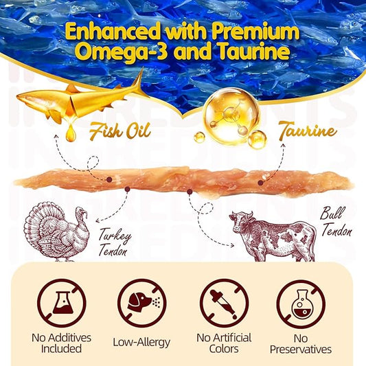 TailParty Turkey Tendons for Dogs with Fish Oil & Taurine: Soft Natural Dental Chew Stick & Puppy Training Treats Long Lasting Snack for Health-Conscious Pet Owners(Strips, 1lb)