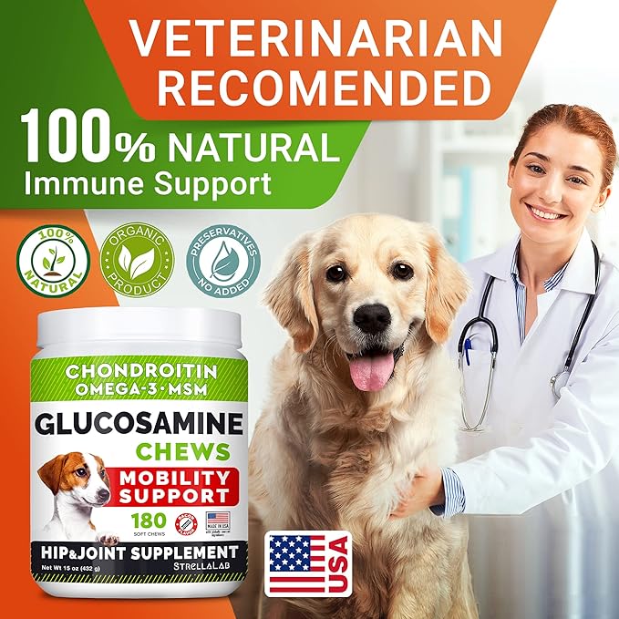 Glucosamine Treats for Dogs - Joint Supplement w/Omega-3 Fish Oil - Chondroitin, MSM - Advanced Mobility Chews - Joint Pain Relief - Hip & Joint Care - Hickory Bacon Flavor - 180 Ct - Made in USA