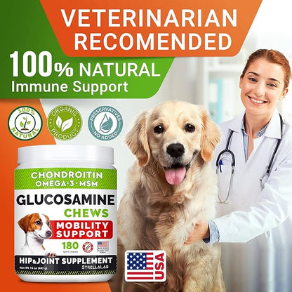 Glucosamine Treats for Dogs - Joint Supplement w/Omega-3 Fish Oil - Chondroitin, MSM - Advanced Mobility Chews - Joint Pain Relief - Hip & Joint Care - Hickory Bacon Flavor - 180 Ct - Made in USA
