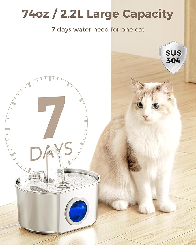 Cat Water Fountain Stainless Steel: 74oz/2.2L Cat Fountain for Drinking- Pet Water Fountain Inside - Automatic Dog Watering Dispenser Bowl - Pet Feeding & Watering Supplies - Water Level Window