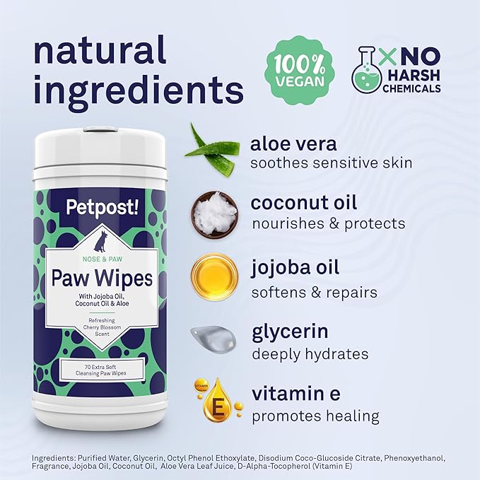 Petpost Large Paw Wipes for Dogs | 70 Count Dog Paw Cleaner Wipes with Coconut Oil, Jojoba Oil & Aloe | Gentle Pet Wipes for Paws | Ultra Soft Cotton Pads, Cherry Blossom Scent