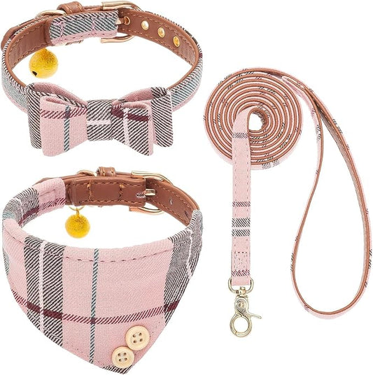 KOOLTAIL Pink Girl Dog Collar and Leash Set for Small Dogs with Bowtie and Bells - Puppy Collar and Leash with Classic Plaid Matching Pattern, Soft Leather Tangle Free Leashes for Small Dogs