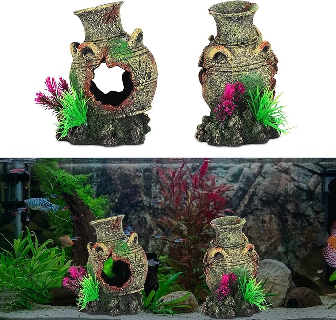 UNEAK - Aquarium Decorations Big Cave Fish Tank Large Vase Jar Jug Sunken Ornament Landscaping Rocks Saltwater Freshwater Small & Medium Fish Garden Pond Ornaments Resin
