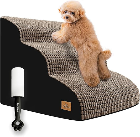 Dog Stairs for Small Dogs, 15.8 in H 3 Step Curved Dog Ramp for High Bed and Couch, Foam Dogs Ramp with Durable Non-Slip Waterproof Fabric Cover, Pet Stairs for Pets Joints, Brown