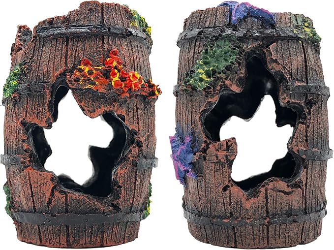 GSD Star-Fish Broken Barrel Decor Resin Betta Tank Accessories Ornaments for Cave Hide Decorations, Broken Barrel x 1pc, Blue Star Fish Ornaments x 2pcs