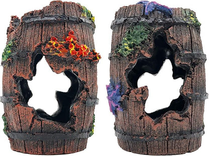 GSD Star-Fish Broken Barrel Decor Resin Betta Tank Accessories Ornaments for Cave Hide Decorations, Broken Barrel x 1pc, Blue Star Fish Ornaments x 2pcs