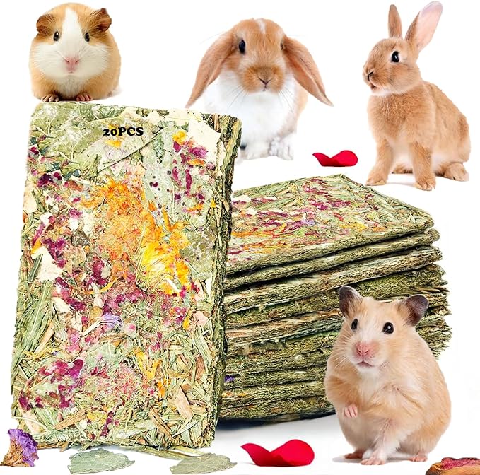 YTSKJ Rabbit Toys 20 Pack Bunny Toys Bunny Chew Toy Guinea Pig Treats Timothy Hay Toy Chips with Herbal Flowers Timothy Hay Grass Hamster Snacks Chinchillas Gerbils for Small Animals Teeth
