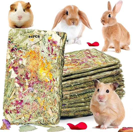 YTSKJ Rabbit Toys 20 Pack Bunny Toys Bunny Chew Toy Guinea Pig Treats Timothy Hay Toy Chips with Herbal Flowers Timothy Hay Grass Hamster Snacks Chinchillas Gerbils for Small Animals Teeth