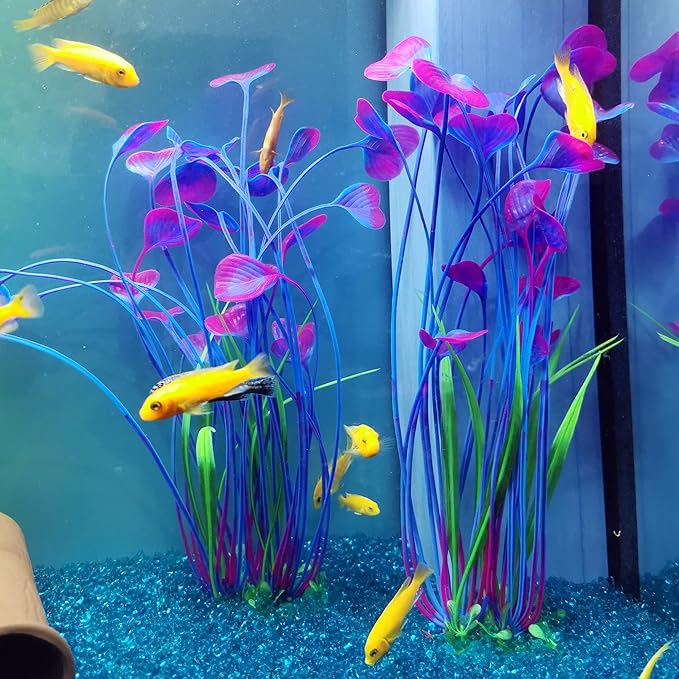 ALEGI Fish Tank Decorations Plastic Plants Large,Aquarium Artificial Plants Decoration Ornament Safe for All Fish-16 inch 2Pcs (Purple 2 pcs)