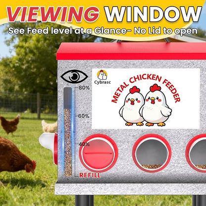 Cybrasc 10-Gal 55LB Metal Chicken Feeder with Window, Dual No-Waste & Rat-Proof Design, Automatic Large Chicken Feeder for Outdoor Coops, Rust-Proof Alloy Steel Poultry Feeder with Adjustable Legs