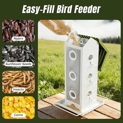 Shineforu All Metal Bird Feeder for Outdoors Hanging | 14-Port Multi-Bird Viewing | Premium Finish, Waterproof & Easy-Clean | Attracts Cardinals, Finches, Chickadees & More (Crisp White & Green)