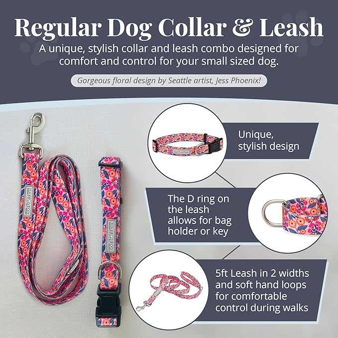 Lucky Love Dog - Easy Click Buckle Dog Collar with Leash Set Combo, Durable & Comfortable for Male & Female Dogs, Pet Collar for Small to Large Dogs, Secure Fit - Floral Rosie Combo, Small