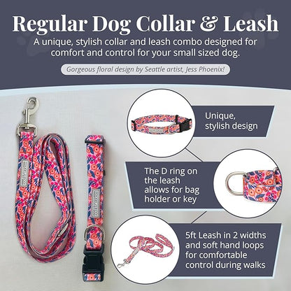 Lucky Love Dog - Easy Click Buckle Dog Collar with Leash Set Combo, Durable & Comfortable for Male & Female Dogs, Pet Collar for Small to Large Dogs, Secure Fit - Floral Rosie Combo, Small