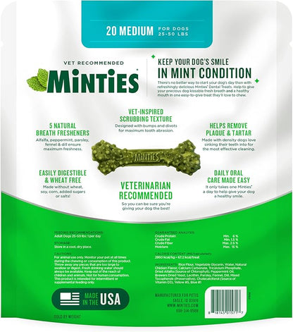 Minties Dental Chews for Dogs, 8 Count, Vet-Recommended Mint-Flavored Dental Dog Treats for Medium Sizes 25-50 lbs, Bones Clean Teeth, Fight Bad Breath, and Removes Plaque and Tartar