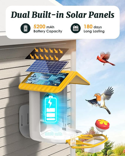 BIRDSFAVE-Bird Feeder with Camera Solar Powered, 2K Clear Live/Video/Photo Auto Arrival Alerts AI Identify Smart Cameras Birds Feeders with 32GB Card DIY Add-ons, 2.4G WiFi Wireless Birdwatching Gift