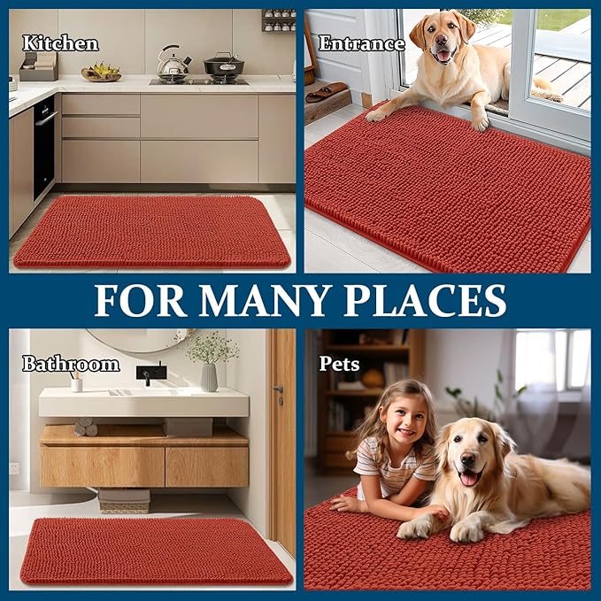 OLANLY Dog Door Mat for Muddy Paws 40x32, Absorbs Moisture and Dirt, Absorbent Non-Slip Washable Doormat, Quick Dry Chenille Mud Mat for Dogs, Entry Indoor Entryway Carpet for Inside Floor, Maple Red