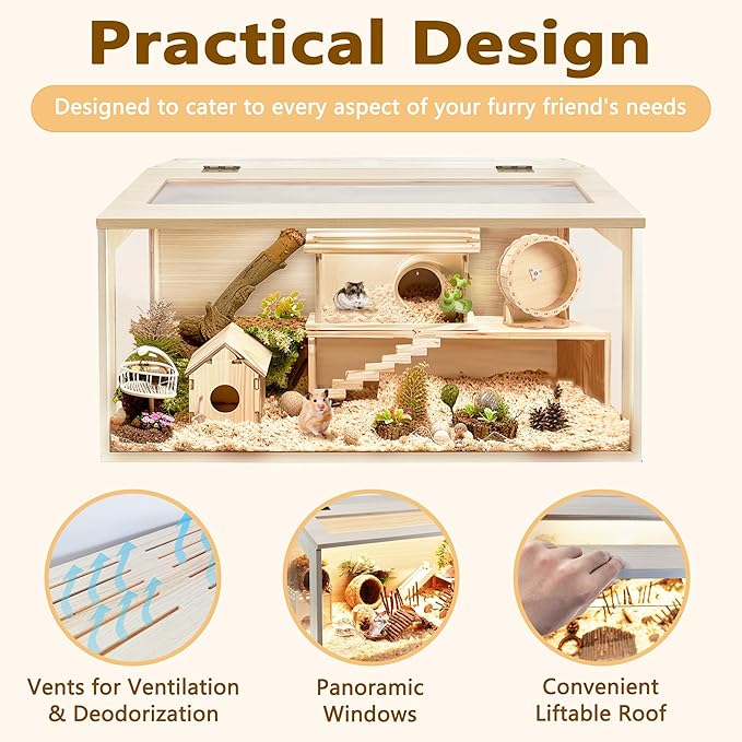 PROLEE Hamster Cage with Chewproof Wood Top,Guinea Pig Cages, Hamster Habitat with Clear Acrylic Sheets Solid Built, Small Animal Cage (Oak, 32X16X16 inch)