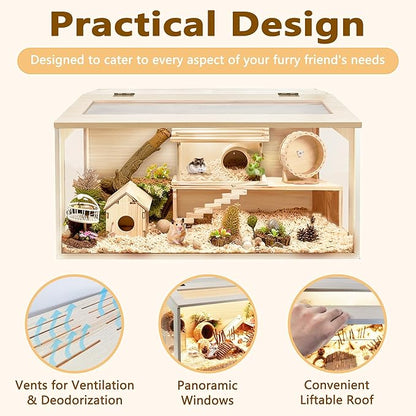 PROLEE Hamster Cage with Chewproof Wood Top,Guinea Pig Cages, Hamster Habitat with Clear Acrylic Sheets Solid Built, Small Animal Cage (Oak, 32X16X16 inch)