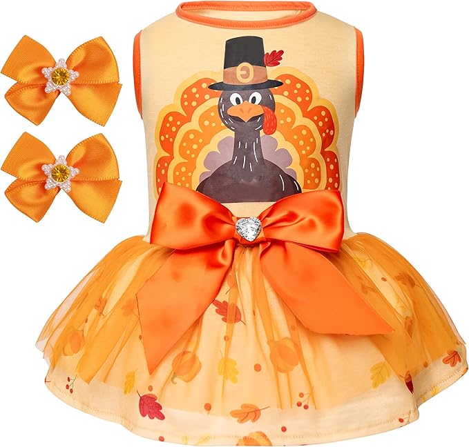 cyeollo Thanksgiving Day Dog Dress Turkey Small Dog Clothes Tulle Holiday Outfit Pet Dresses for Medium Large Dogs Girl, Size 2XL