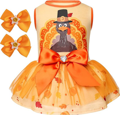 cyeollo Thanksgiving Day Dog Dress Turkey Small Dog Clothes Tulle Holiday Outfit Pet Dresses for Medium Large Dogs Girl, Size 2XL