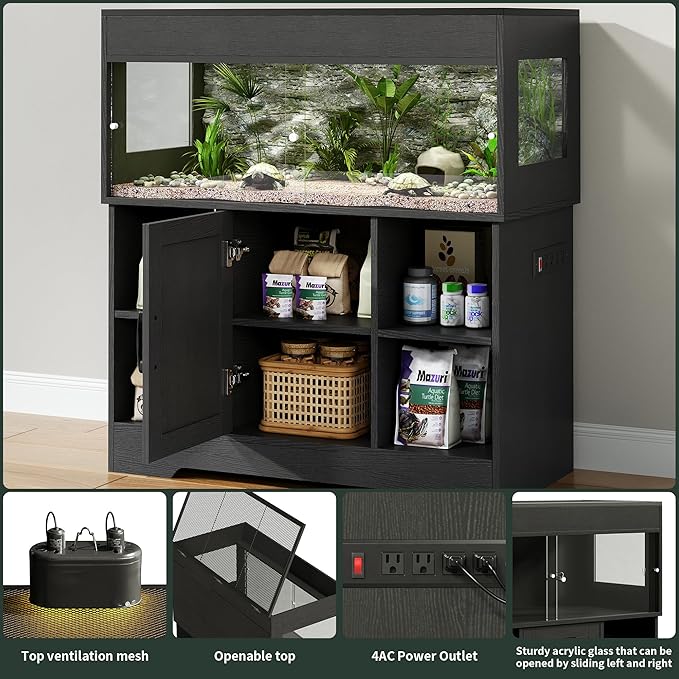 Herture 40 Gallon Reptile Terrarium Tank with Storage Cabinet, Reptile Tank with Stand, for Leopard Geckos, Corn Snakes, Juvenile Pets, Sliding Acrylic Doors, Mesh Top, Power Outlet, Black PX03RTB
