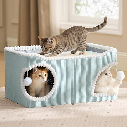 Bedsure Large Cat Beds for Indoor Cats - Extra Wide Cat House with Scratch Removable Top Sisal Pad for Multi Cats, Foldable Cave Hideaway for Entertainment, 23.6x15.9x12.6inches, Blue