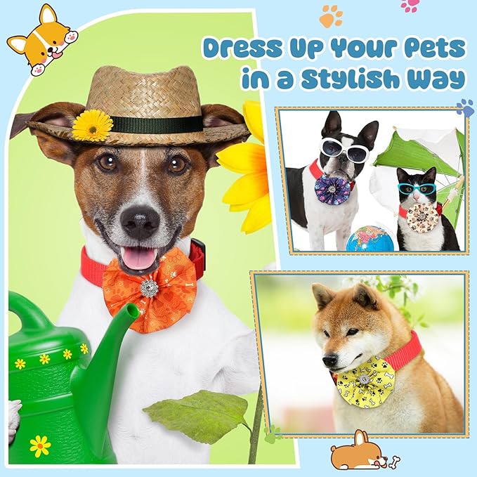 50 Pcs Paw Print Collar Bows Bulk for Dogs Bow Ties Flowers Charms Attachment for Small Medium Large Dogs Cats Collar Accessories Holiday Party Costumes