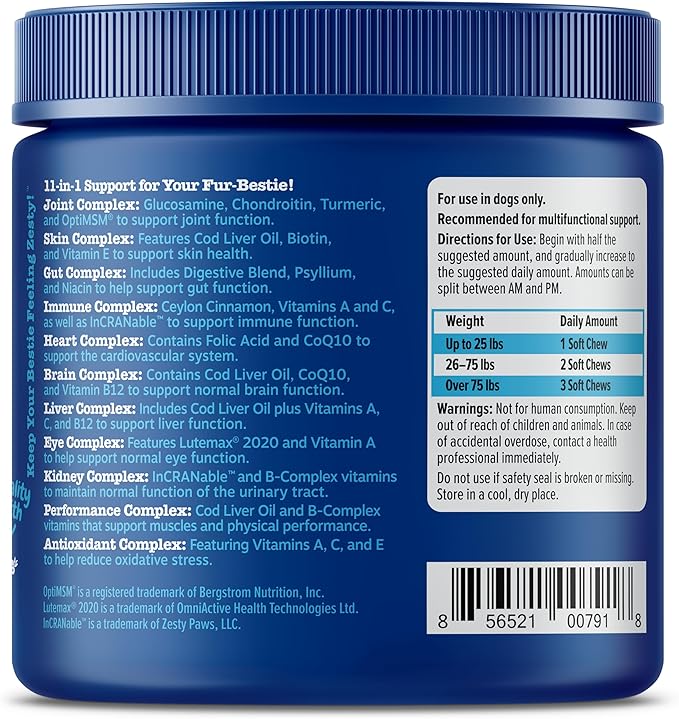 Zesty Paws Senior Dog Multivitamin Treats - Glucosamine for Dogs + Digestive Enzymes & Probiotics - Grain Free Dog Vitamins and Supplements for Skin & Coat + Immune Health Chicken - Advanced - 90ct