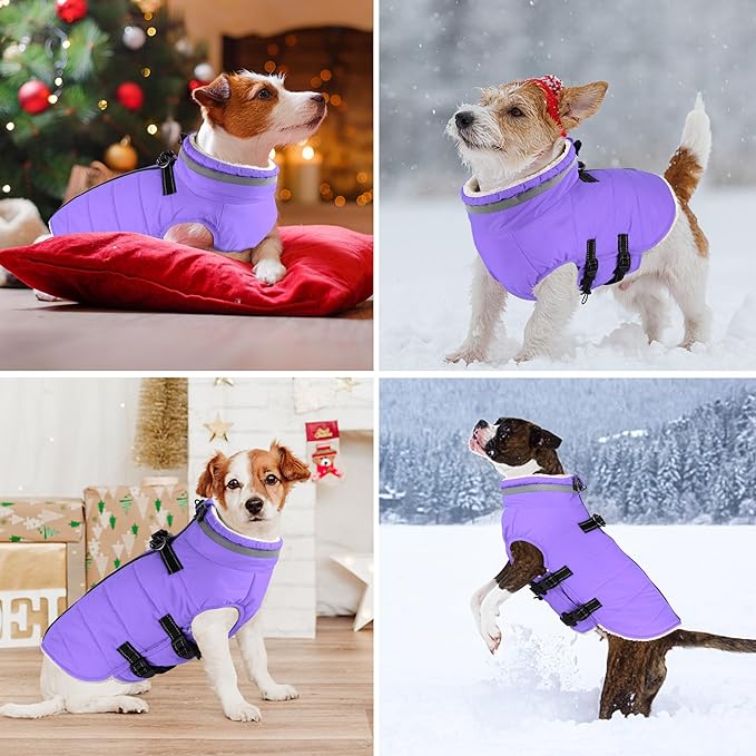 Dogcheer Dog Coat with Harness, Waterproof Dog Jacket Adjustable Winter Coat with Zipper, Christmas Puppy Snow Jacket Fleece Sweater for Small Medium Large Dogs - Taro Purple L