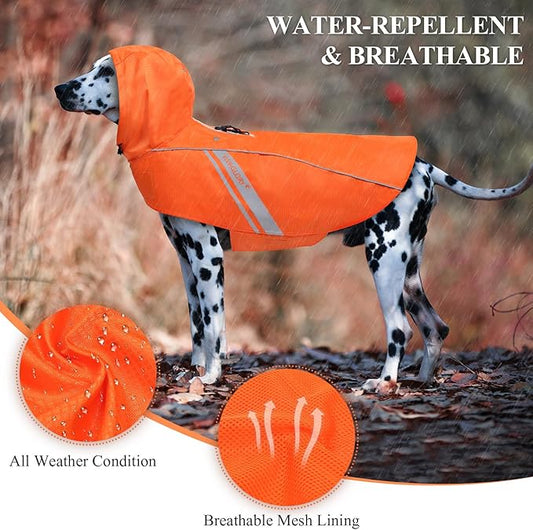 VIVAGLORY Wetoff Dog Raincoat, Rain Coat for Dog All Seasons Adventure, Rain Jacket with Harness Hole & Hood, Reflective Lightweight Waterproof for Doggy & Puppy, XL, Orange