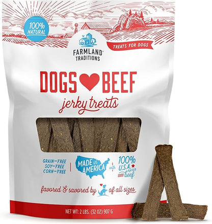 Farmland Traditions Dogs Love Beef Jerky Dog Treats, All Natural, Grain-Free, High Protein Training Treats, 2 Pound (Pack of 1) Bag