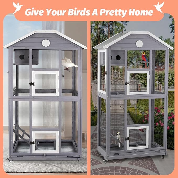 Outdoor Bird Cage Large, Wooden Flight Aviary with Perches, Nest Habitat, and Easy-Clean Pull Out Tray for Parakeets, Macaws, and More