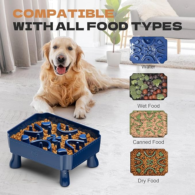 UPSKY Slow Feeder Dog Bowl, 2-in-1 Raised Dog Bowl with Anti-Choking Maze Puzzle, 2-6 Cups Pet Food for Small & Medium Breeds, Interactive Pet Feeder to Slow Eating, Reduce Boredom Blue