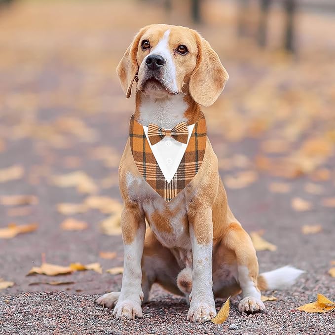 Fall Dog Tuxedo Bandana, Orange Plaid Pet Collar with Bowtie, Adjustable Halloween Thanksgiving Dog Tux Costume for Small Medium Large Pets