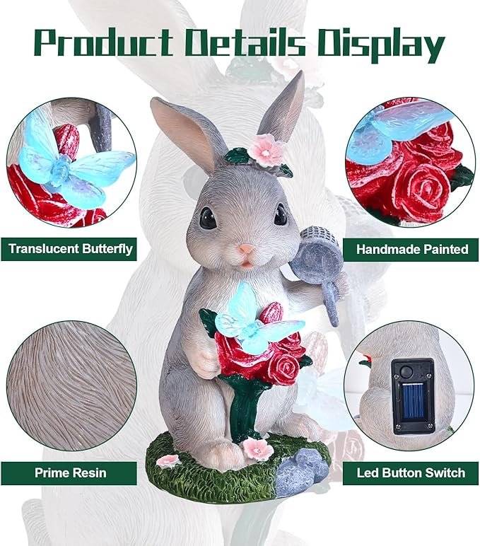 NYUWOAURC Garden Statues Rabbit with Solar Light,Bunny Outdoor Garden Decor Ornaments for Patio Yard Art,Birthday Easter House Warming Garden Gift for Women Mom,Resin Animal Figurine with Wider Base