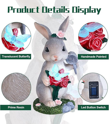 NYUWOAURC Garden Statues Rabbit with Solar Light,Bunny Outdoor Garden Decor Ornaments for Patio Yard Art,Birthday Easter House Warming Garden Gift for Women Mom,Resin Animal Figurine with Wider Base