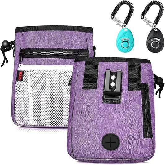 Dog Treat Pouch - 3 Ways to Wear Treat Pouches for Pet Training and 2 Pieces Clicker Taining for Dogs, Dog Training Treat Pouch Bag and Dog Clicker for Training with Waist Belt Shoulder Strap - Purple