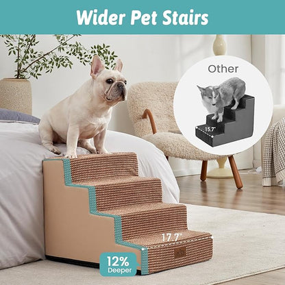 Dog Stairs for Small Dogs, 4 Tier Wider Pet Stairs for Couch and Beds, 17.7" H Non-Slip Dog Steps for Old Cats, Puppy, Small Medium Dogs, 17.7x23.6x17.7 inch, Light Brown
