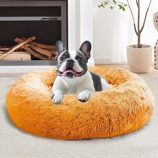 JOLLYVOGUE Small Dog & Cat Beds for Indoor Cats, Donut Cuddler Warming Soft Dog Beds with Anti-Slip Bottom, Round Calming Fluffy Plush Faux Fur Cushion Bed for Large Dogs (36", Orange)